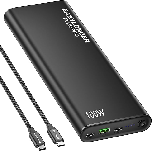 2 USB-C Ports Laptop Power Bank, PD 100W 26800mAh Portable Laptop Charger, EASYLONGER Fast Charge External Battery Pack for MacBook, iPhone, Samsung, HP, Dell, Switch, Steam Deck and More