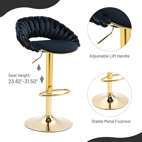 Miniatura 4 de Sudwesto Moderno juego de 2 taburetes de bar giratorios de terciopelo, cómodos taburetes de bar ajustables con respaldo curvado tejido a mano, patas