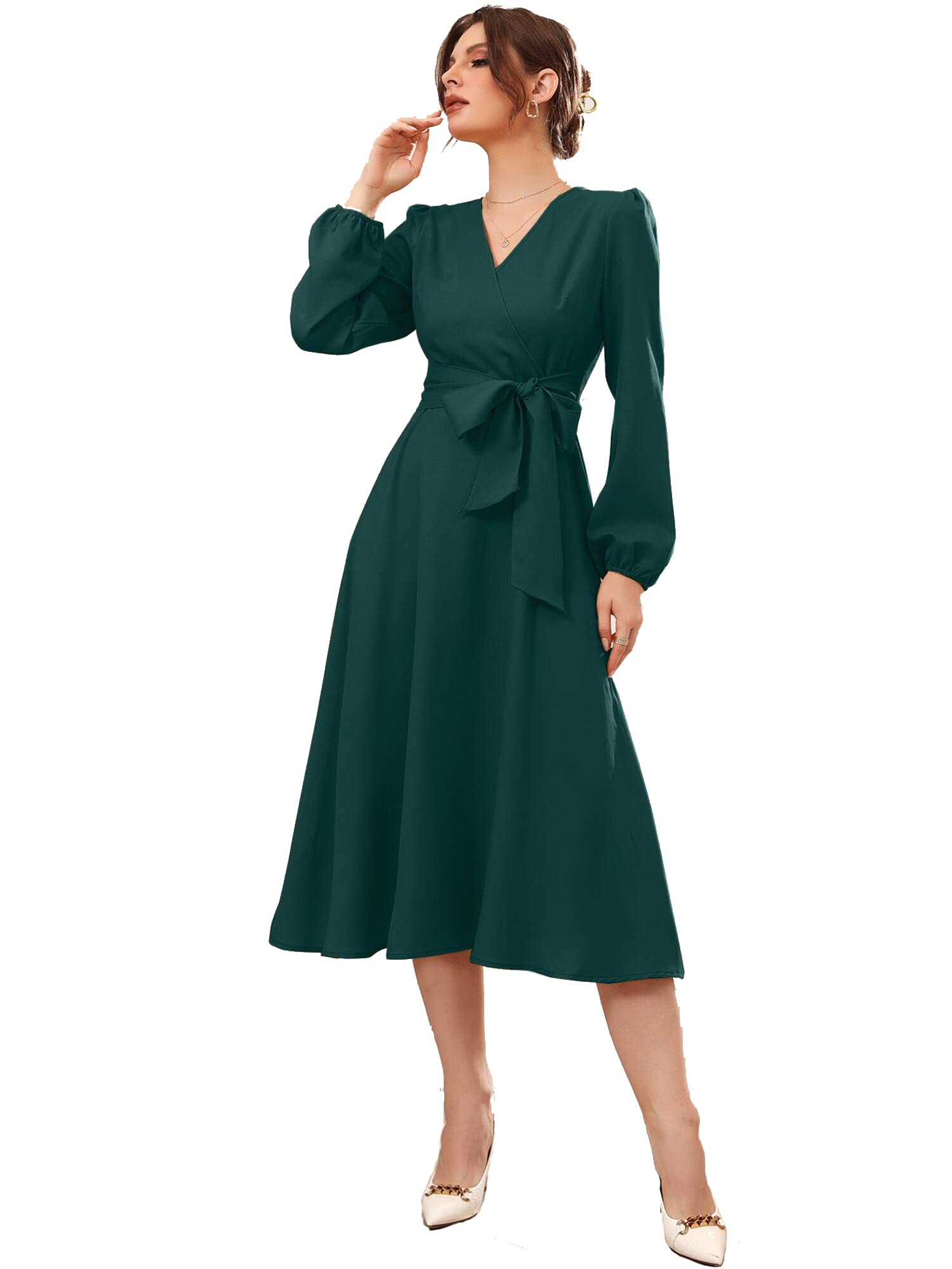 Women's Polyester A-line V-Neck Bishop Sleeve Midi Belted Dress