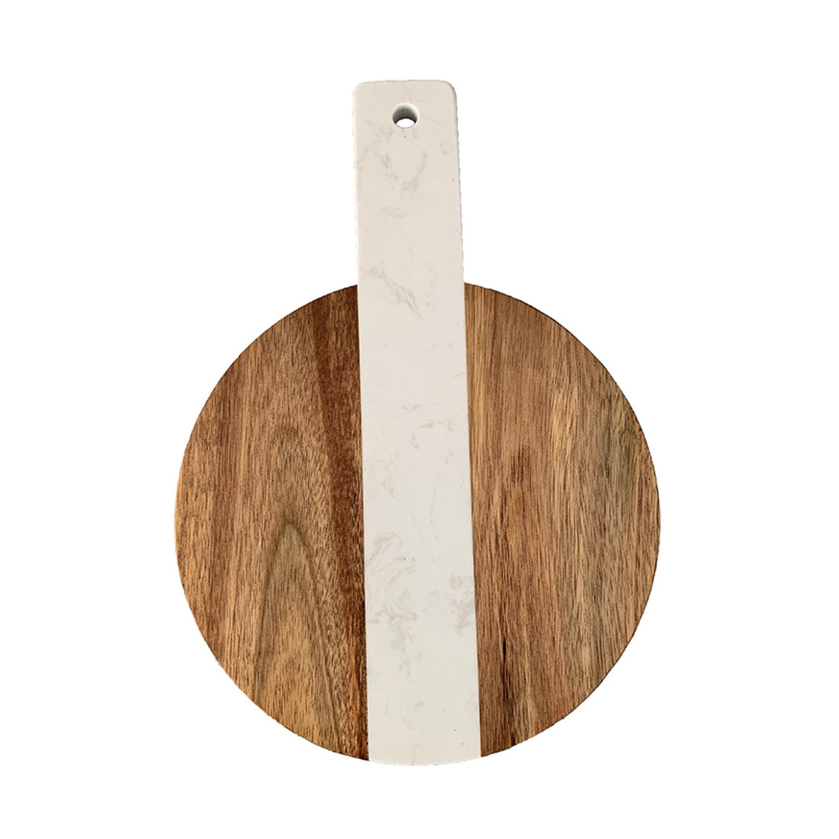 HIFRQVVC Round Wooden Chopping Boards for Kitchen, Round Splicing Wood Marble Acacia & White Marble Serving Board with Hanging Hole(26.8cm)