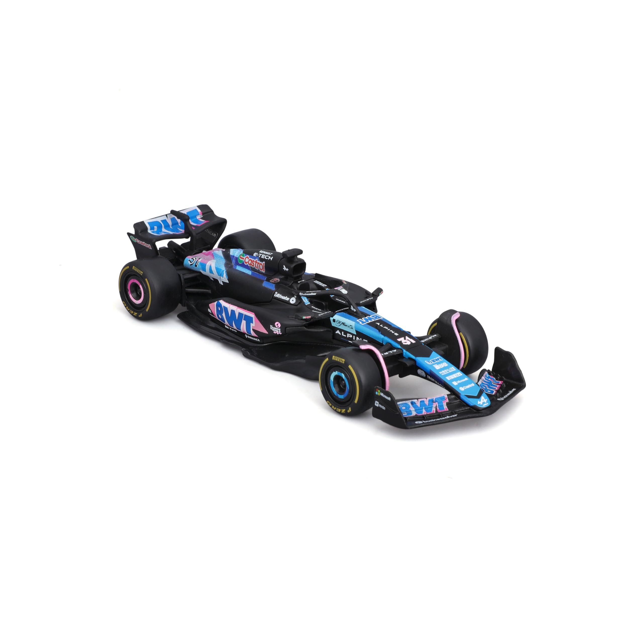 Bburago Formula 1 Alpine A524 Japan Version (2024): modellino auto in scala 1:43, modello speciale, driver #31 Esteban Ocon, Window Box, 12,5 cm, blu rosa (18-38219O1