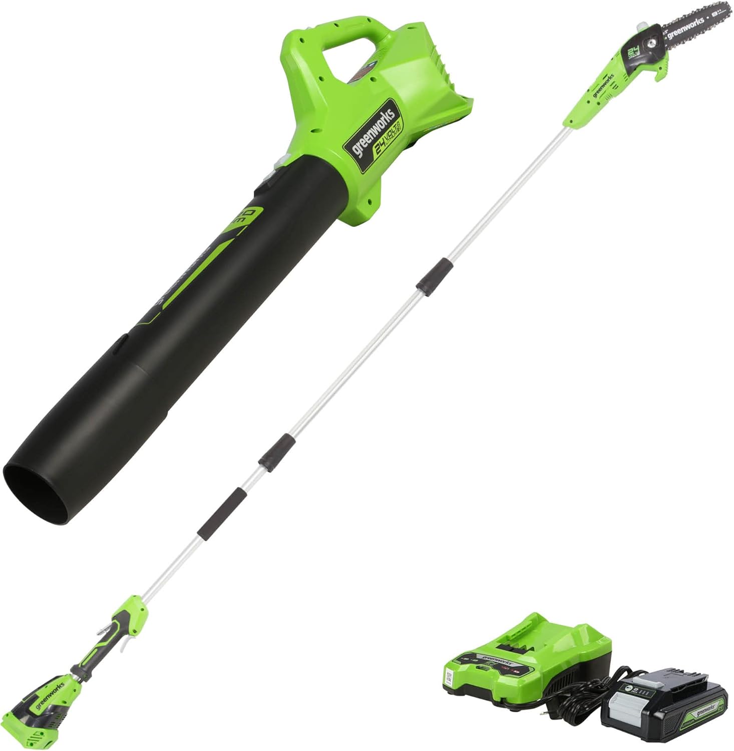 Greenworks 24V 8" Pole Saw 2.0Ah Battery and Charger with 24V Blower
