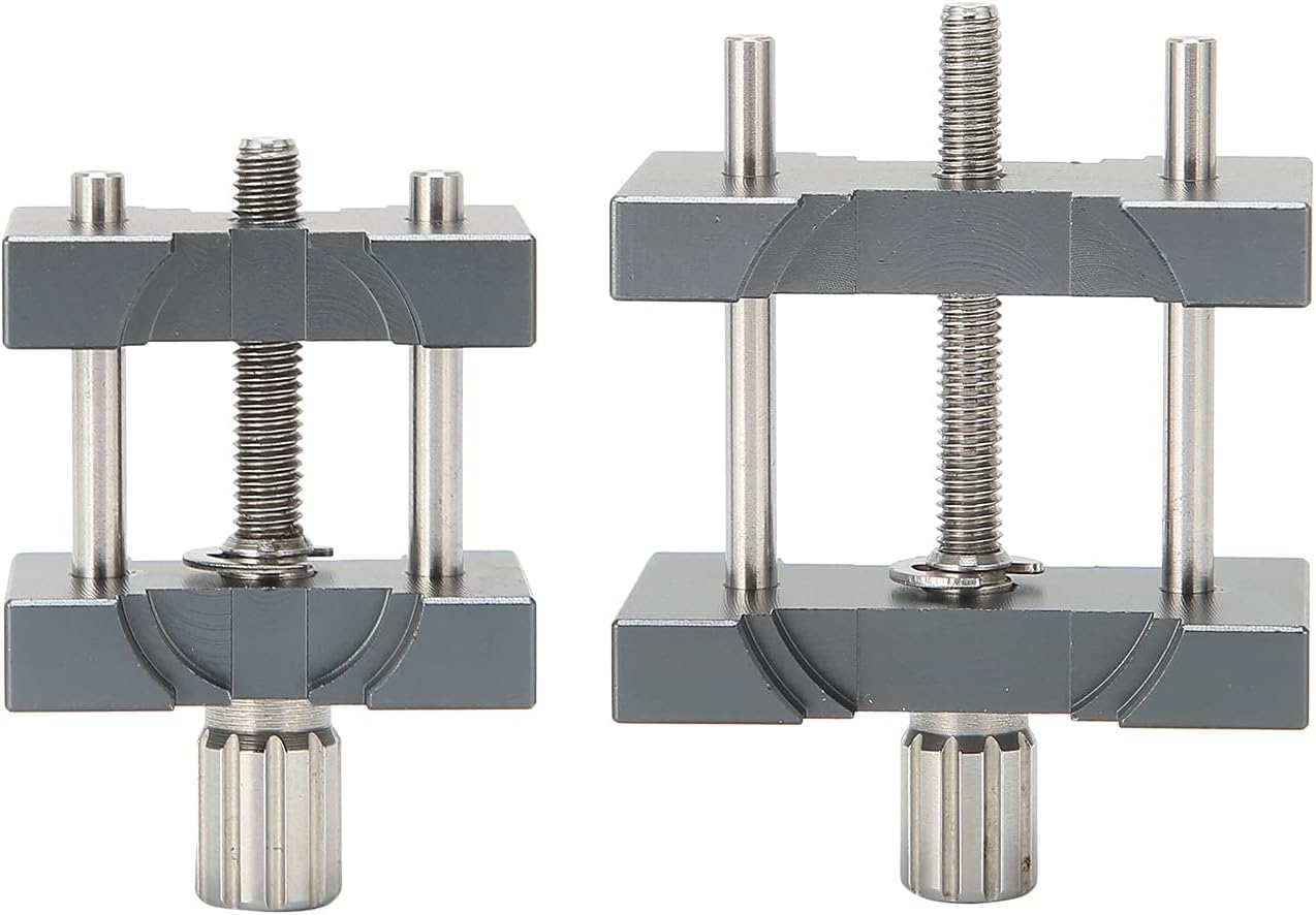 Zestaw 2 regulowanych aluminiowych uchwytów mechanizmu zegarka | Dwa stabilne szare imadła mocują zgodne mechanizmy podczas montażu, czyszczenia, regulacji i precyzyjnego serwisu.