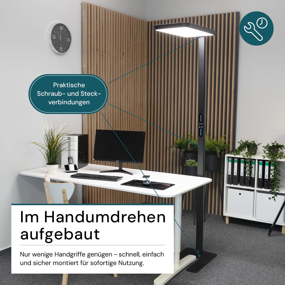 LUXULA LED Büro Stehleuchte, dimmbar, CRI>98 Vollspektrum, UGR<16 blendfrei, RG0 Blaulichtfilter, 4000K Neutralweiß, 2x 50W Uplight und Downlight, 7000lm, schwarz - Arbeitsplatz Stehlampe Deckenfluter