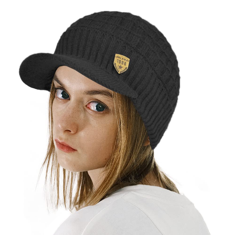Women's Soft Knitting Visor Beanie Winter Hat with Brim Fleece Lining Baseball Cap, Black