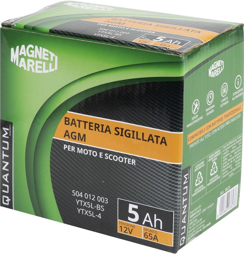 Magneti Marelli Batteria Quantum 5Ah AGM 65A Sigillata | Batteria Moto 12V Precaricata | Tecnologia AGM Senza Manutenzione Per Avviamento Affidabile E Prestazioni Costanti