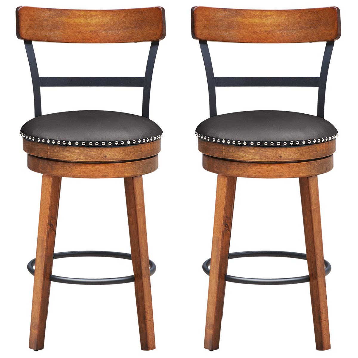 COSTWAY Bar Stools Set of 2, 360Degree Swivel Stools with Leather Padded Seat, Single Slat