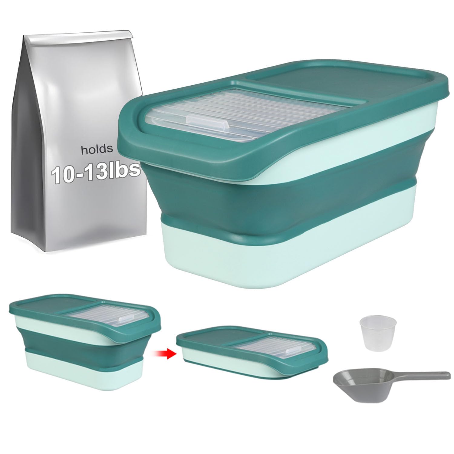 Taylor & Brown 15 Lbs Collapsible Airtight Pet Food Storage Container With Measuring Cup & Plastic Scoop Treats For Pet Dog Cat Animal Dry Food Dispenser (Green)
