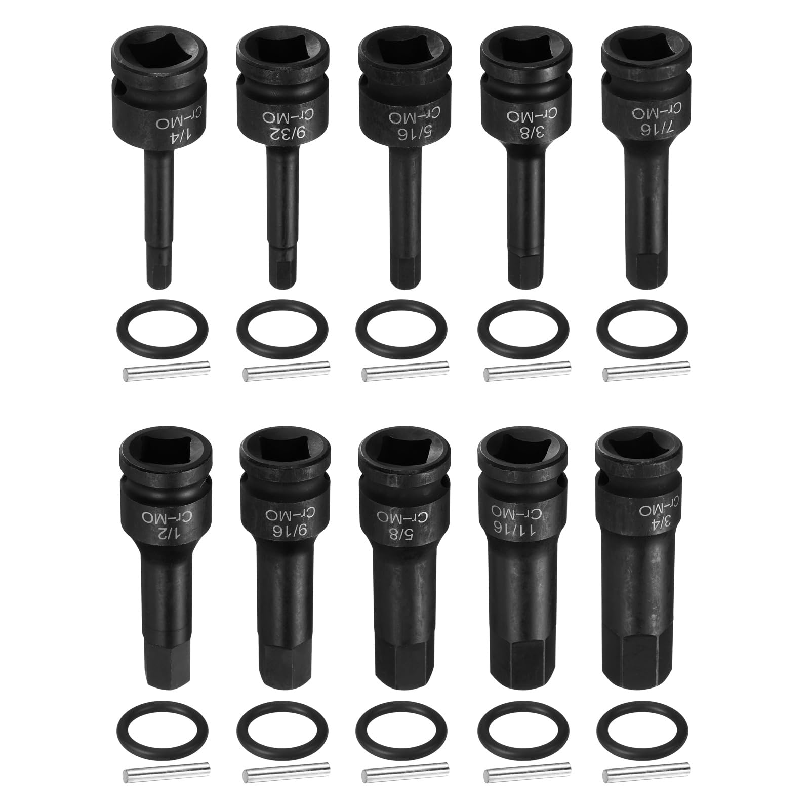 sourcing map Set di chiavi a bussola esagonali da 1/2" da 1/4,9/32,5/16,3/8,7/16,1/2,9/16,5/8,11/16,3/4 pollici SAE CR-MO in acciaio a 6 punte con perno per adattatore driver trapano elettrico