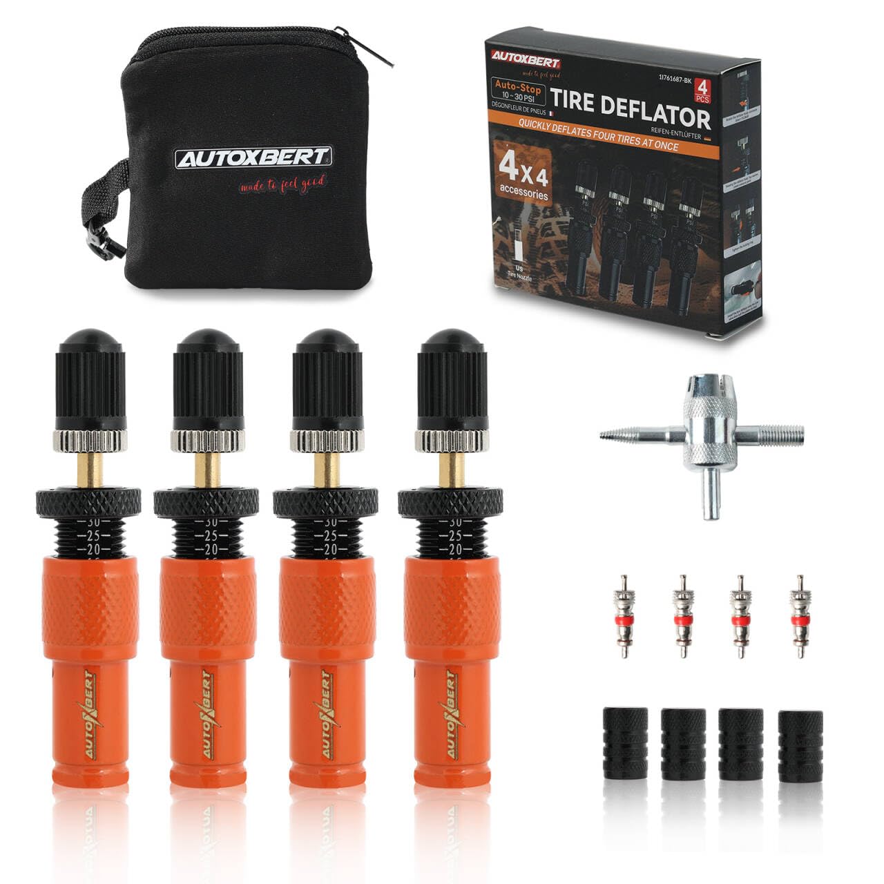 Adjustable Auto-Stop (10-30 PSI) Tire Air Down Deflator Valve Kit,Includes Valve Caps & Storage Bag,4-in-1 Valve Tool Compatible with Car, Truck, Jeep, SUV, ATV(Orange)