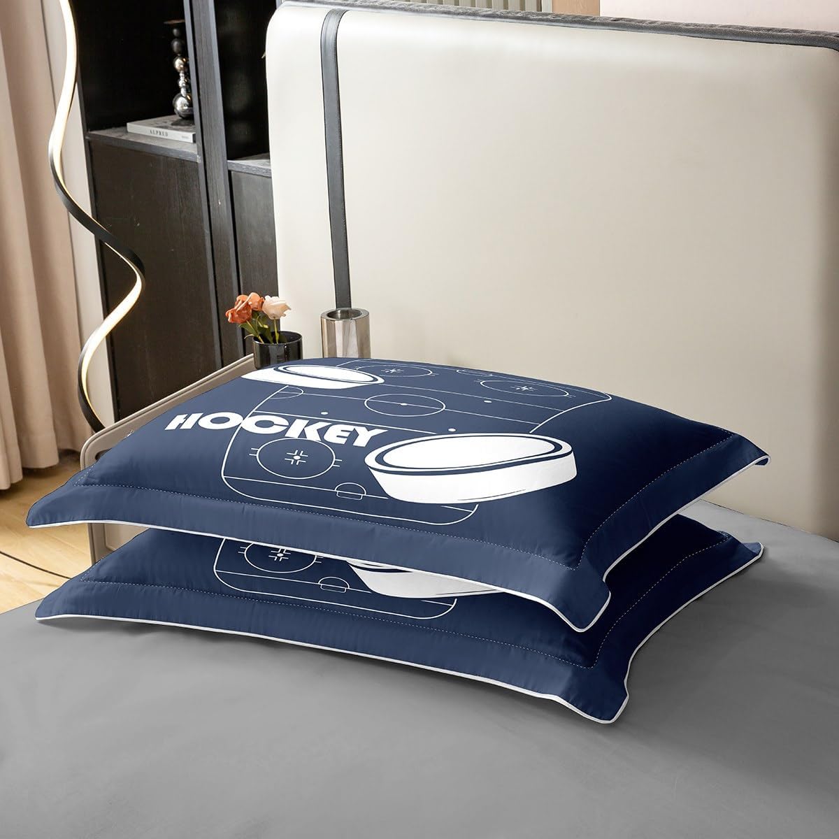 Erosebridal Navy Blue Hockey 100% Cotton Duvet Cover Twin - Sports Themed Bedding Set for Boys Kids, Ice Hockey Rink Bed Set 2 Piece, Winter Ball Game Quilt Cover
