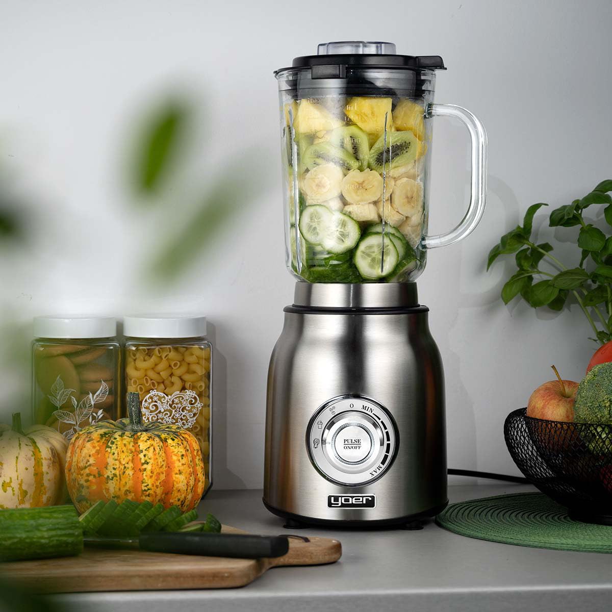 Yoer Titano JB03S, Blender Kielichowy 4w1, młynek do kawy i ziół, mikser do przyrządzania smoothie i koktajli, tytanowe ostrza, wielofunkcyjny, stołowy, stojący, srebrny