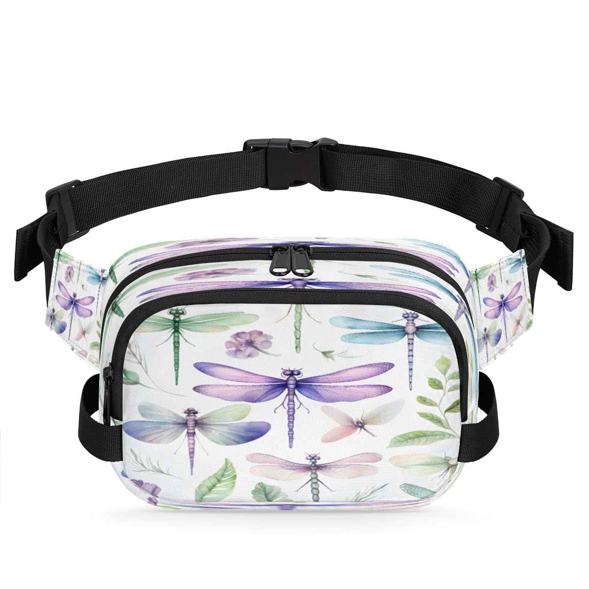 Dragonflies Watercolour Waterproof Fanny Pack for Women Men Adjustable Waist Bag with Double Zipper Pockets Lightweight Square Hip Pack for Running Travel Hiking Workout Cycling