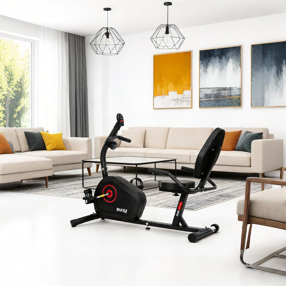 BAKAJI Cyclette Orizzontale da Casa con Schienale e Seduta Ergonomica per Esercizi Fitness, Bici da Seduta per Home Gym Palestra Allenamento Cardio, Bicicletta per Esercizi con 8 Livelli di Resistenza