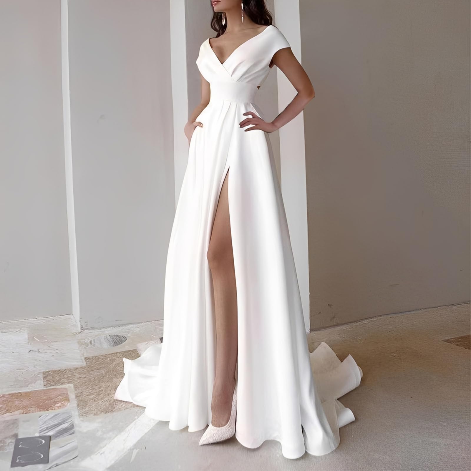 Vestiti da Cerimonia Donna Elegante Scollo a V Sexy Maxi Abiti Senza Schienale con Spacco Abito Lungo da Sera Linea ad A Vestito Moda Stile Impero per Feste Cocktail Nozze Banchetto