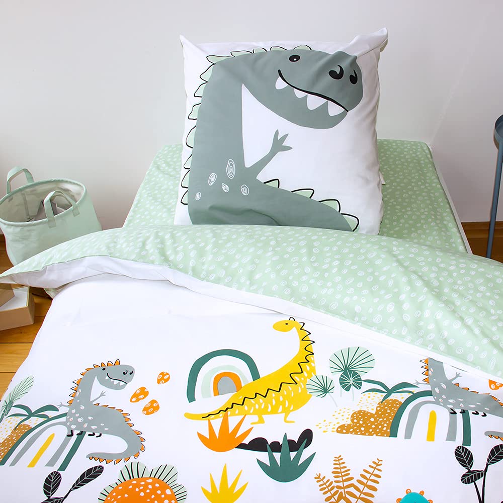 CÔTE DECO Parure da letto per bambini reversibile Dinosauri Jurassik verde, copripiumino 140 x 200 cm + 1 federa 63 x 63 cm, 100% cotone