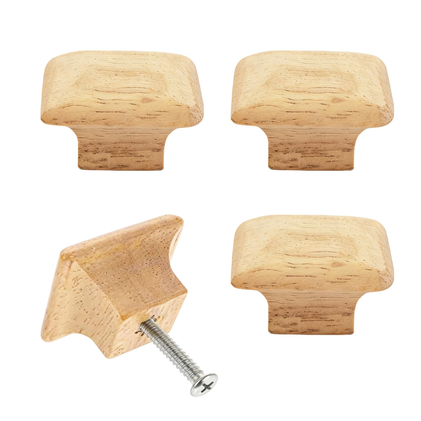Mistillion Square Wooden Drawer Knobs (4 Pack) - Natural Wooden Door Handles/Cabinet Door Knobs - Wardrobe Door Knob with Screws - 3.5cm/1.37 Inches Wooden Handles - Door Knobs for Cupboards