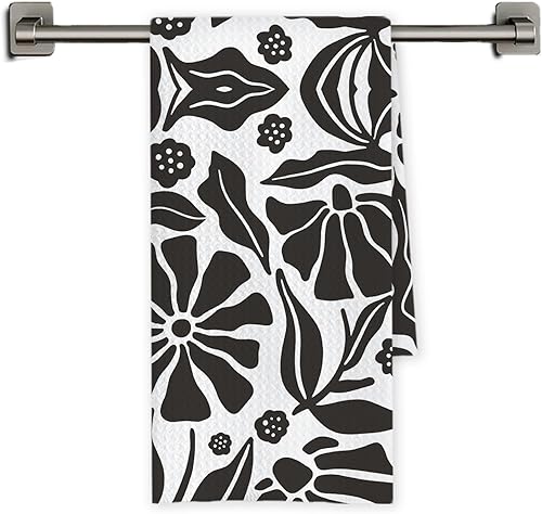 Chicimln - Toallas de cocina abstractas bohemias con flores negras, toallas de mano decorativas retro de los años 70 para baño, paño de secado
