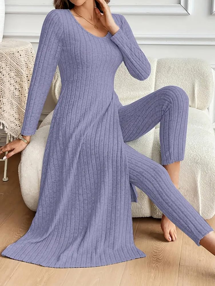 Generisch Combinaison 2 pièces pour femme - Combinaison en tricot à manches longues - Haut et leggings côtelés - Ensemble 2 pièces - Tenue d'été 2 pièces - Pour femme