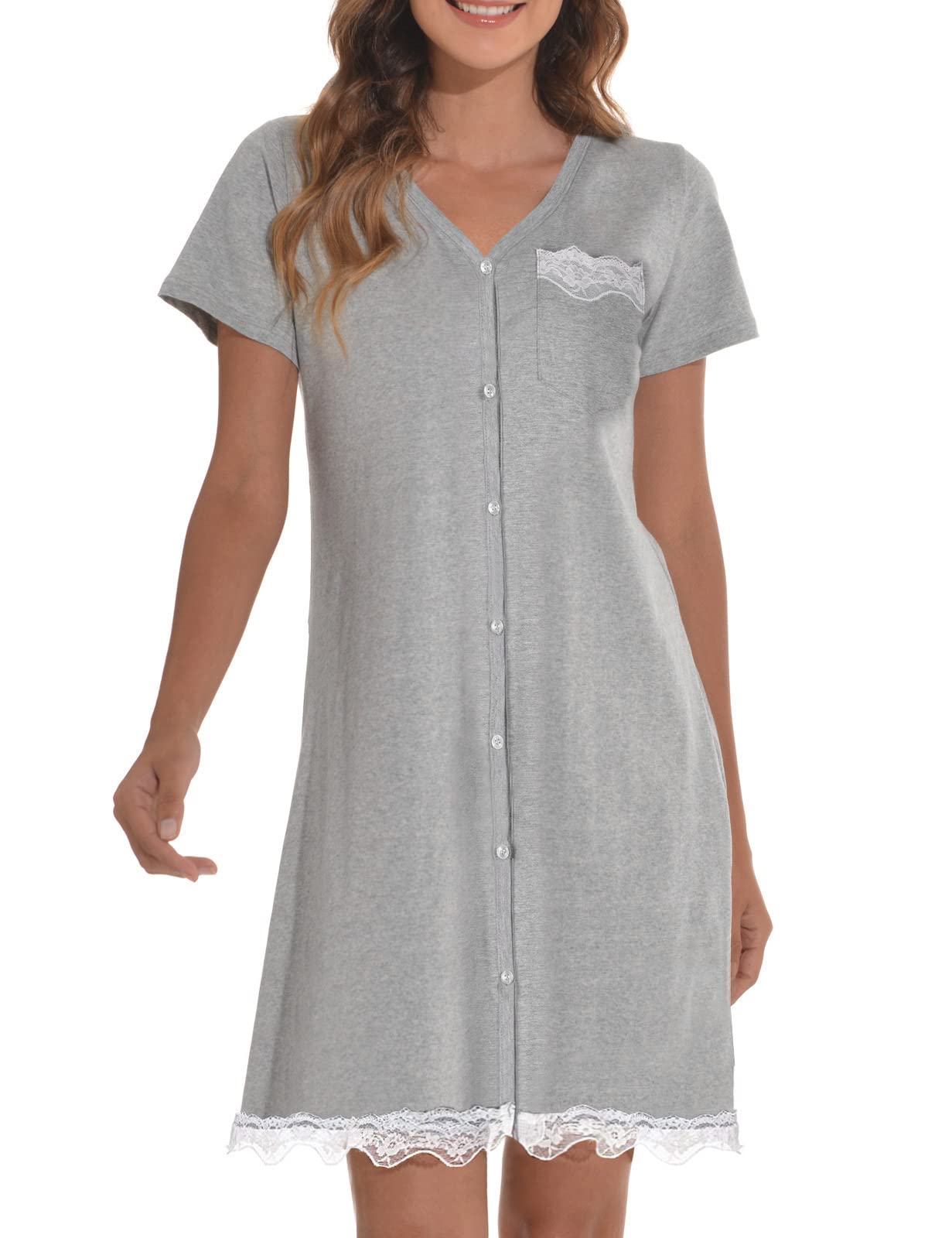 heekpek Camisones de Mujer Algodon Pijama Verano Mujer con Botones y Bolsillos Cuello en V Camisón de Manga Corta Dobladillo de Encaje Ropa de Dormir Mujer