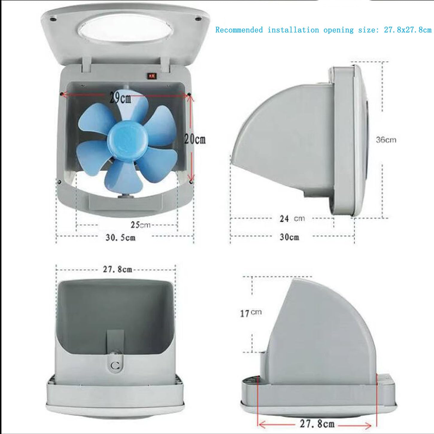 Aspiratore Bagno 278Mm,Ventola Aspirazione da Parete,Maschera Facciale Aperta,Finestra Trasparente,1110 M³/Ora Estrattore Aria Silenzioso,per Cucina di Casa, Garage,Facile da Pulire