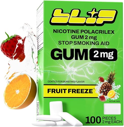 Blip NRT - Goma de nicotina de 2 mg sabor a congelación de frutas (100 unidades) Ayuda a dejar de fumar, reduce los antojos Reemplazo de nicotina