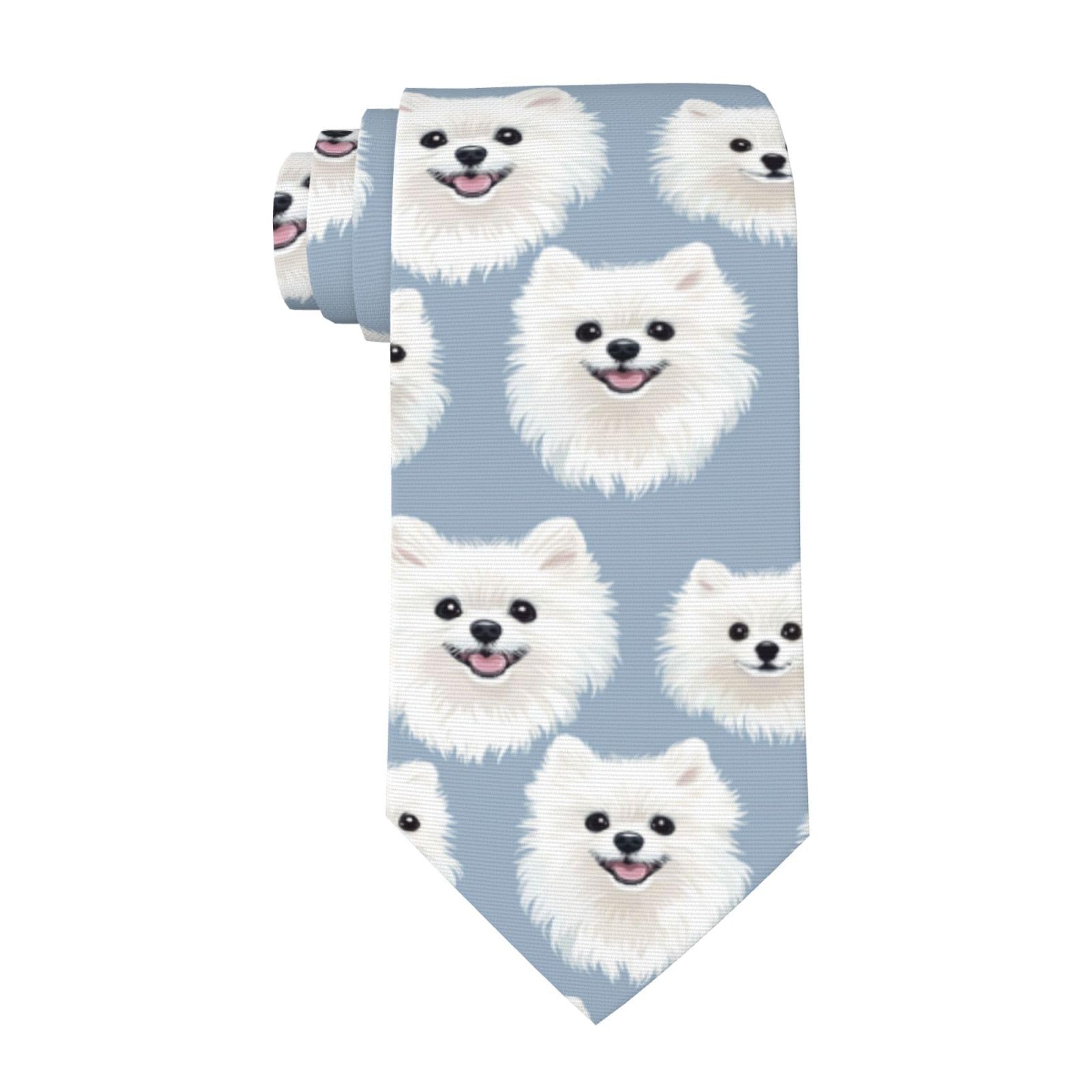 Men's Tie Necktie Funny Novelty White Pomeranian Dogs Head Neckties for Men Formal Party Business Regular Length Neckties Soft Ties Designer Wedding