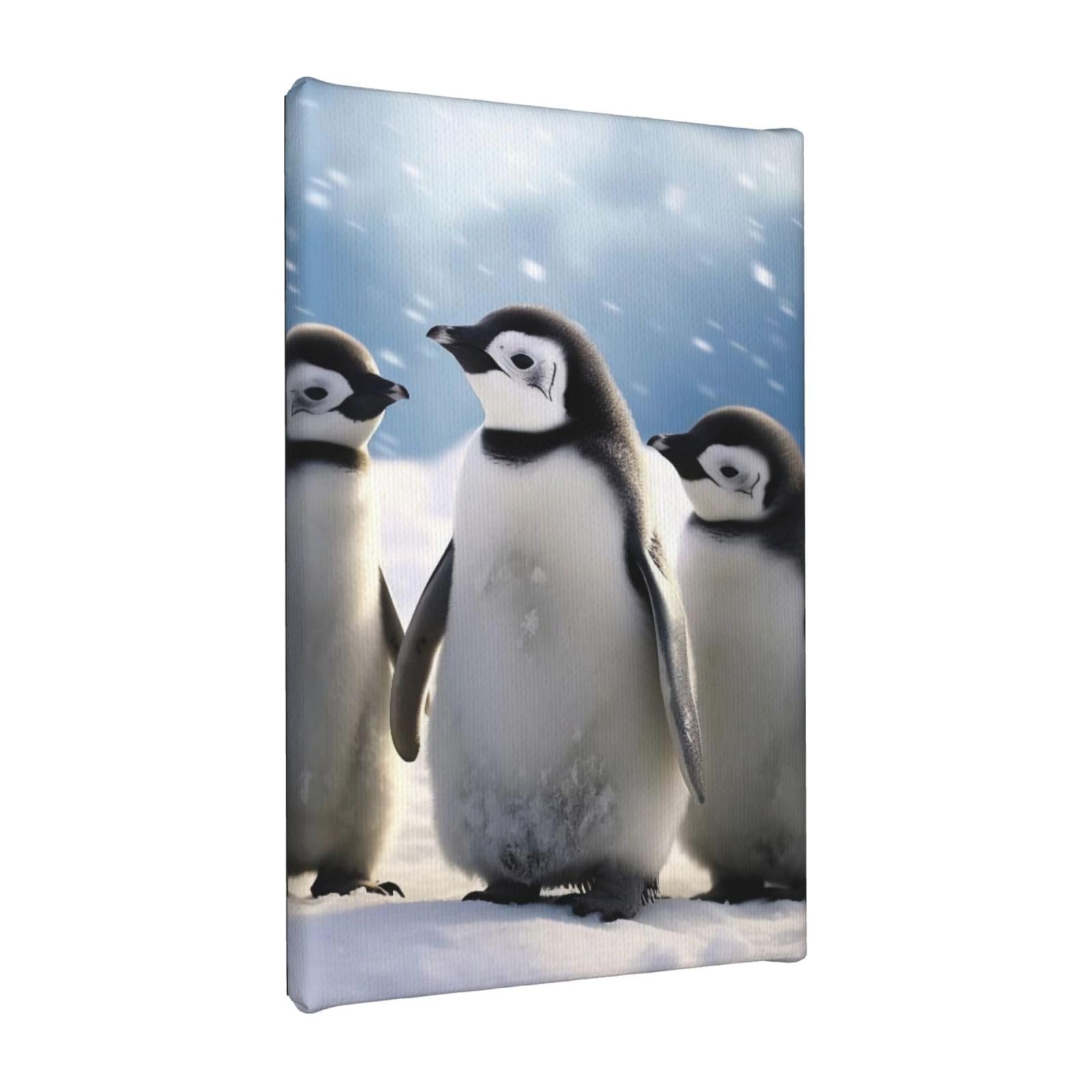 YKLJG Young Penguins With Snow Printed Wall Art Canvas Painting 20x30 CM Wooden Framed Picture Painting Artwork Prints for Bedroom Kitchen Home Office Decor