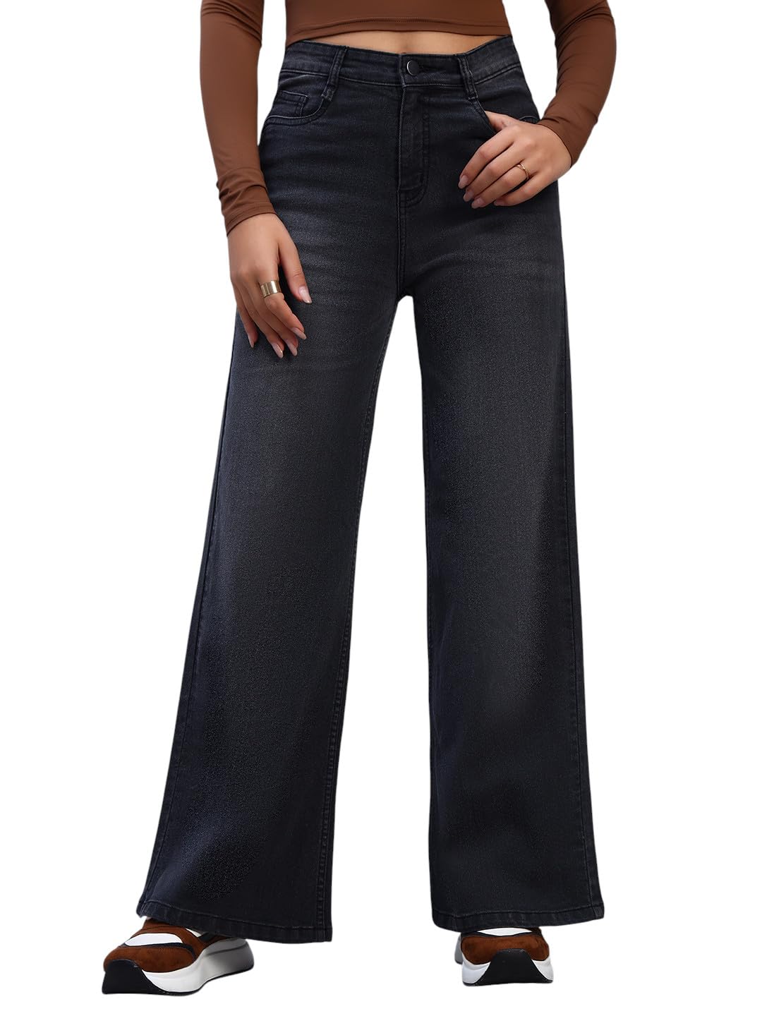 Women High Rise Wide Leg Full Length Cotton Poly Lycra Jeans