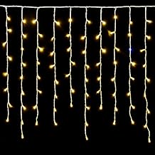 Curtain Light 200 LEDs, 5 m, Yellow Light, White Cable, IP65, Extendable, Flash Effect, with Hanging Wires at Alternating Lengths (30-70-40-60 cm) for Waterfall Effect