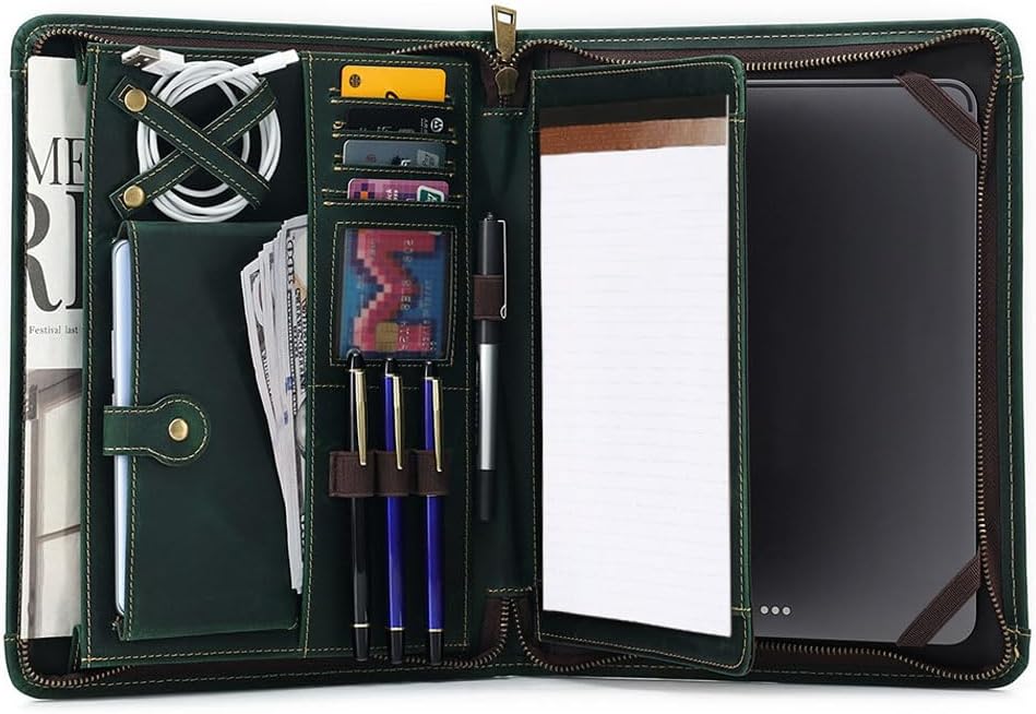 Leather Portfolio, Leather Padfolio for Men & Women with Zipper, Vintage Crazy Horse Leather Portfolio Organizer Business/Resume Portfolio Folder with Writing Pad, Green