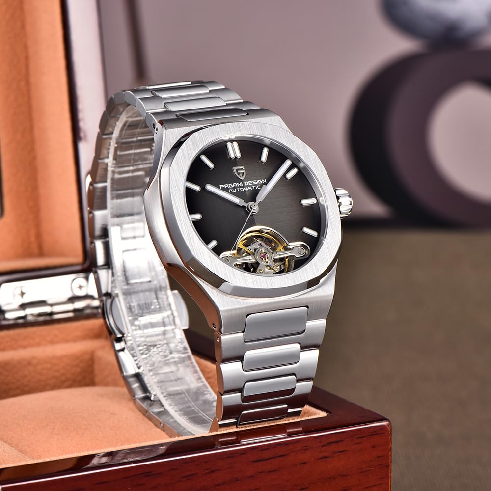 Pagani Design Herrenuhr, PD-YS025, Herren Automatik, Skelett Tourbillon, mechanisches Uhrwerk, sportliches Saphirglas, Edelstahlarmband, 42 mm Gehäuse