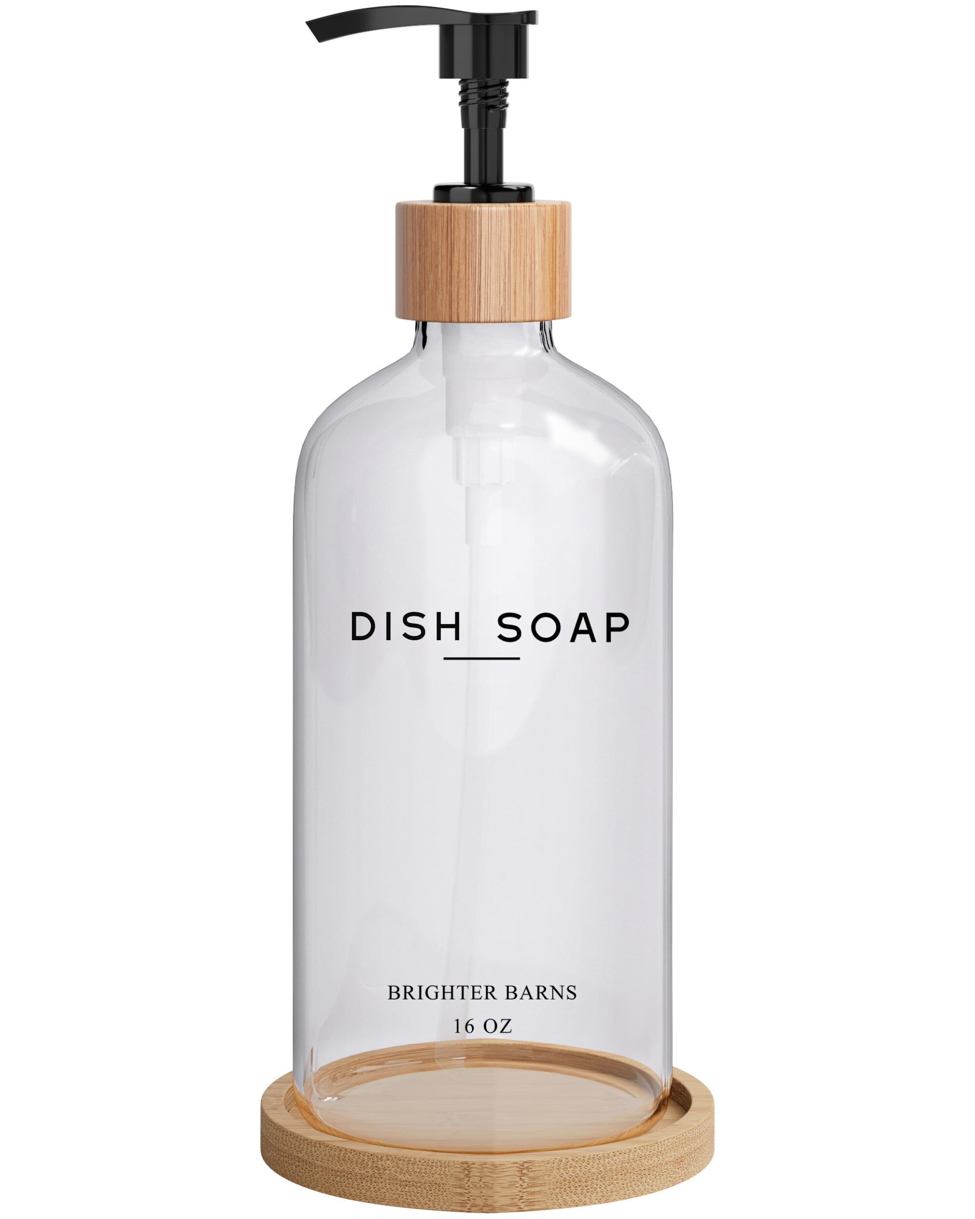 Clear Glass Dish Soap Dispenser by Brighter Barns - Kitchen Sink Set With Bamboo Tray - Modern Decor