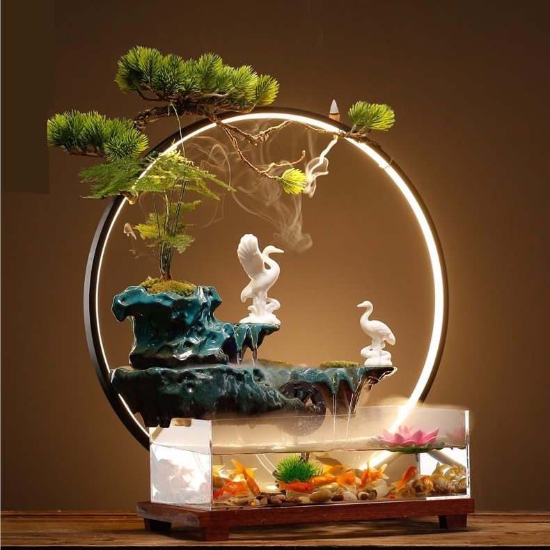 Fuente Decorativa de jardín, Fuente de Agua con Cascada, de cerámica, con iluminación LED, Quemador de Incienso, Feng Shui Zen, decoración para salón, Dormitorio, Oficina