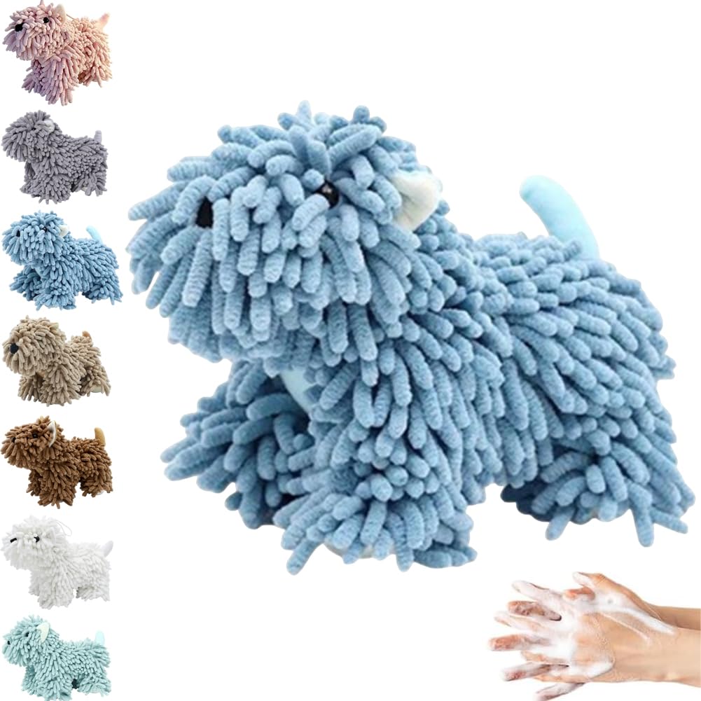 Aodejoy Chenille Hand Towel, Dog Chenille Plush Towel Balls, Soft Absorbent Microfiber Hand Towels, Cute Cartoon Fluffy Cleaning Cloth for Bathroom Kitchen Sink Countertop, Gift for Dog Lovers (Blue)