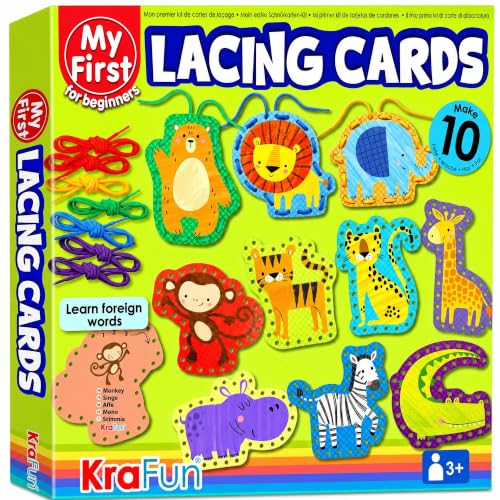KRAFUN Safari Animal Lacing Cards Age 3+ | 10 Projects (Lion Zebra)