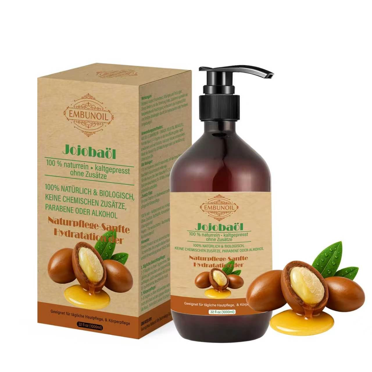Aceite de jojoba, 1000 ml, 100 % natural y prensado en frío, sin aditivos, para el cuidado de la piel, el cabello y las uñas, con dispensador dosificador