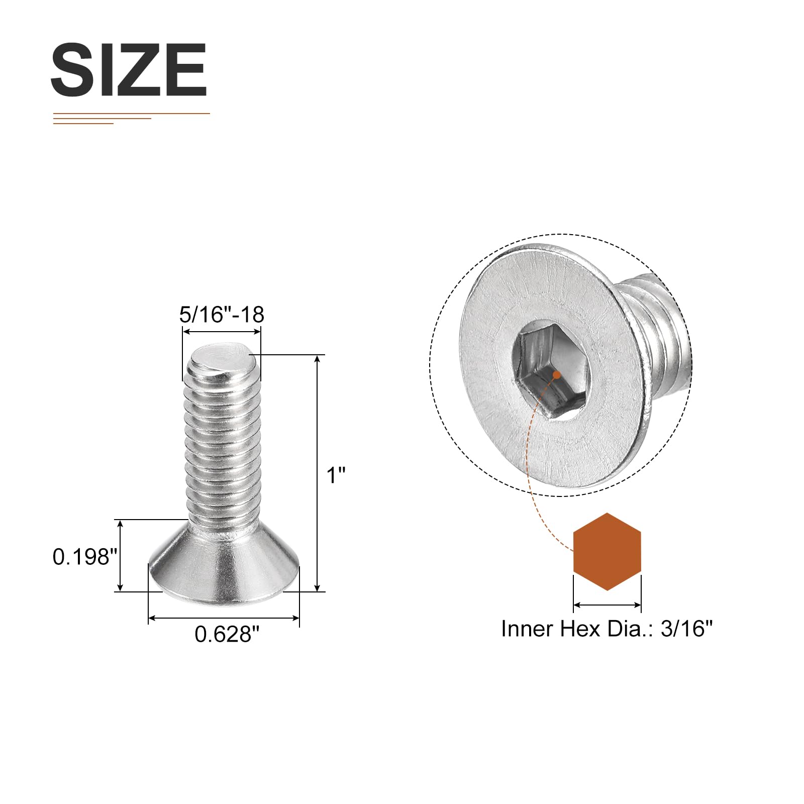 DTGN 5/16-18 x 1" Flat Head Socket Cap Screws, 20 Pack 304 Stainless Steel Hex Socket Flat Head Screws, Full Thread, Countersunk Bolts - Image 2