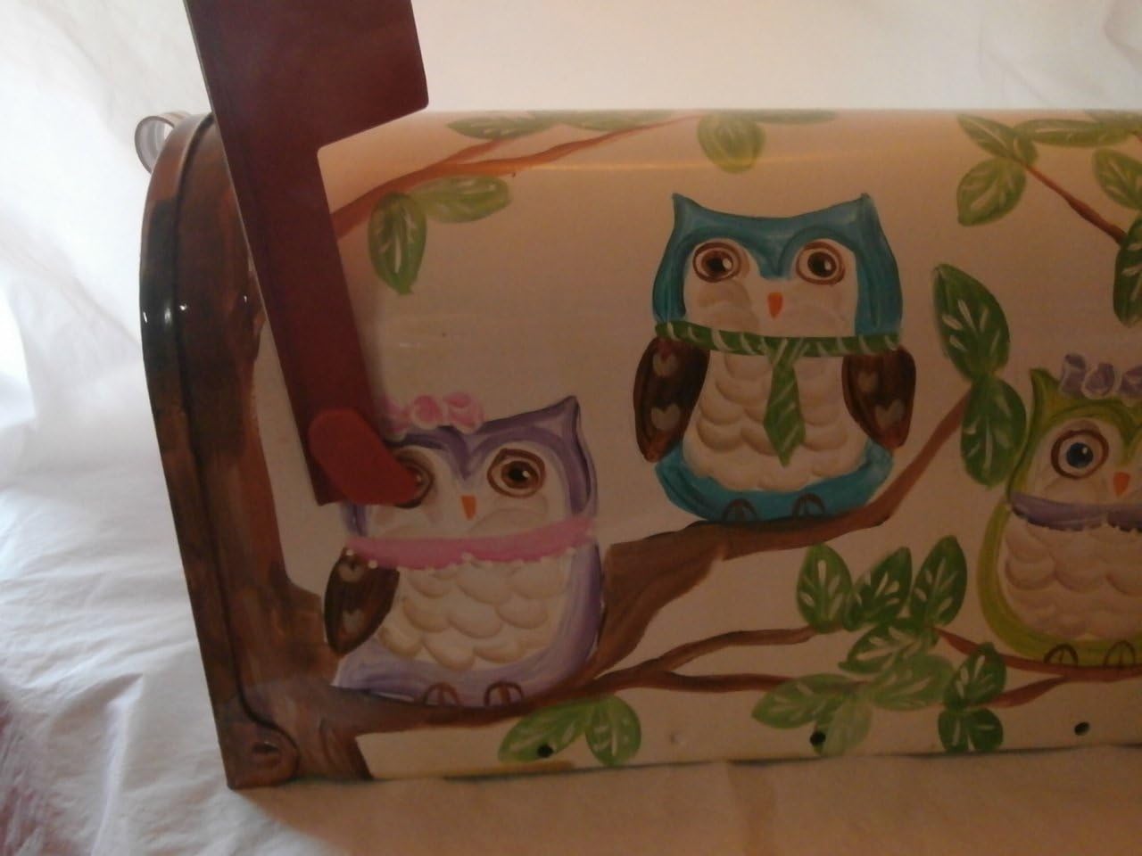 Hand painted standard metal mailbox in fun owls hanging out in a tree.