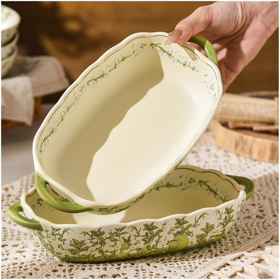 Casserole Dish 10Inch 500ml Lily of the Valley Double-Handled Ceramic Baking Pan Rectangular Household Tableware