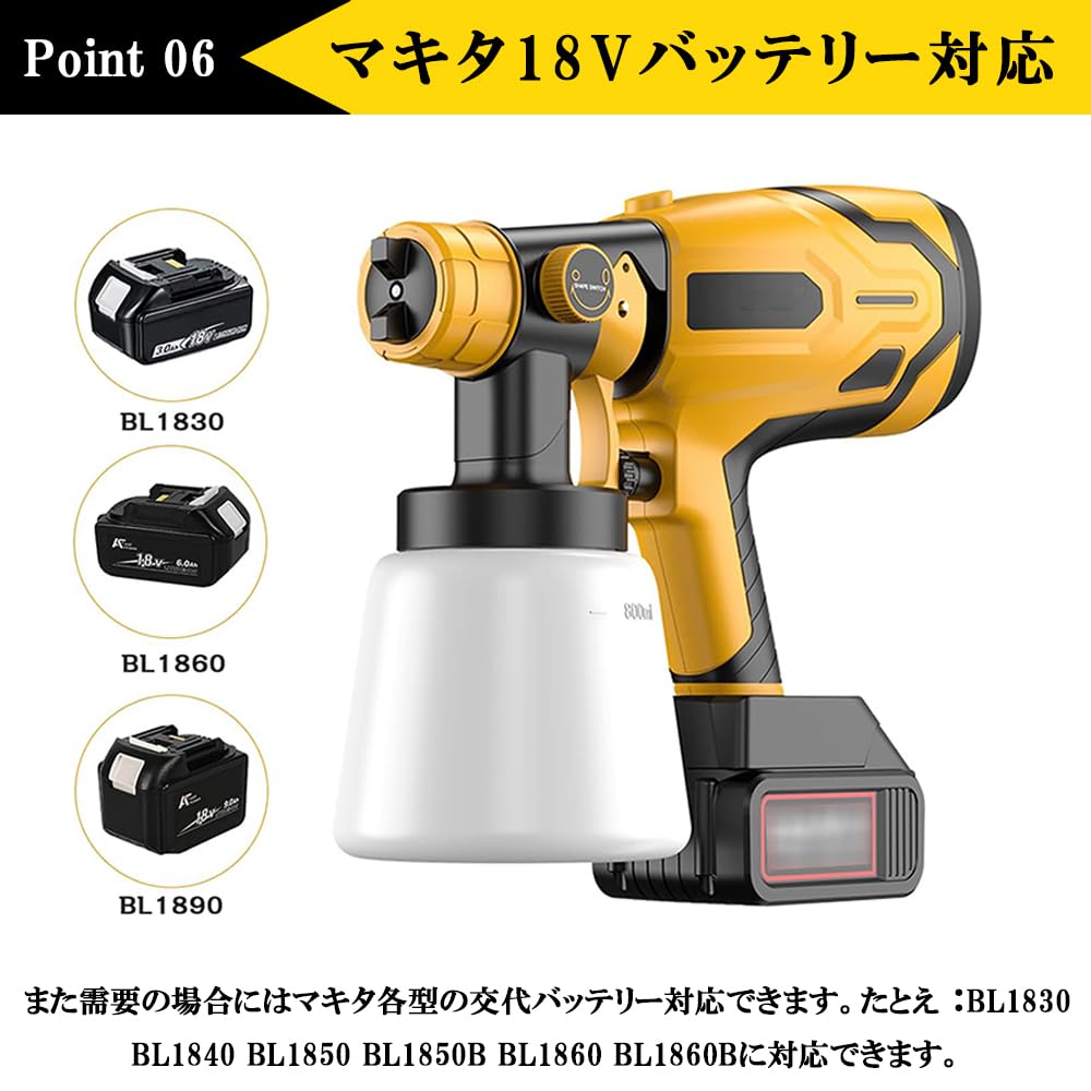 コードレススプレーガン 充電式 電動 マキタ バッテリー対応 18V/21V 3段階噴霧調整 水平・垂直・円形 1000ml Amazon | 電動 コードレススプレーガン 電動式スプレーガン マキタ 18V
