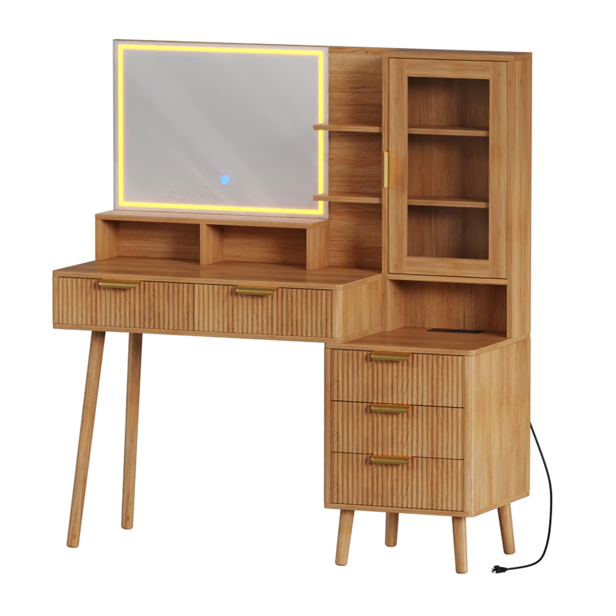 Makeup Vanity Desk with HD Lighted Mirror, Solid Wood Legs, and Power Outlet - Modern Fluted Design with Storage Shelf for Bedroom or Dressing Room, Perfect for Women and Girls (Incomplete Box 2/2 )