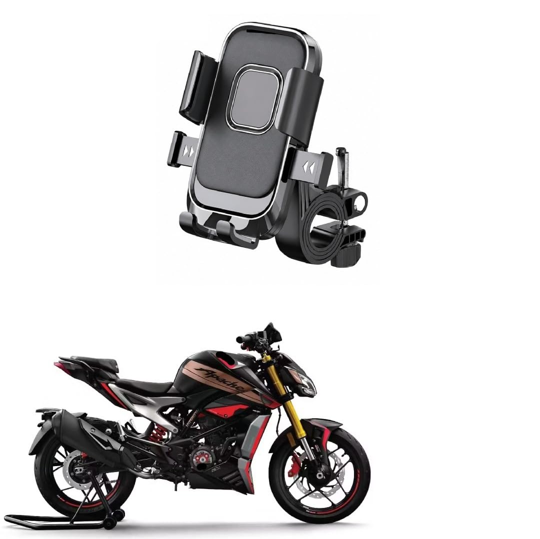 bike mobile holder for motorcycle & scooter, one touch auto lock phone mount, 360° rotatable handlebar phone stand, secure mechanical lock, adjustable smartphone holder for apache rtr 310