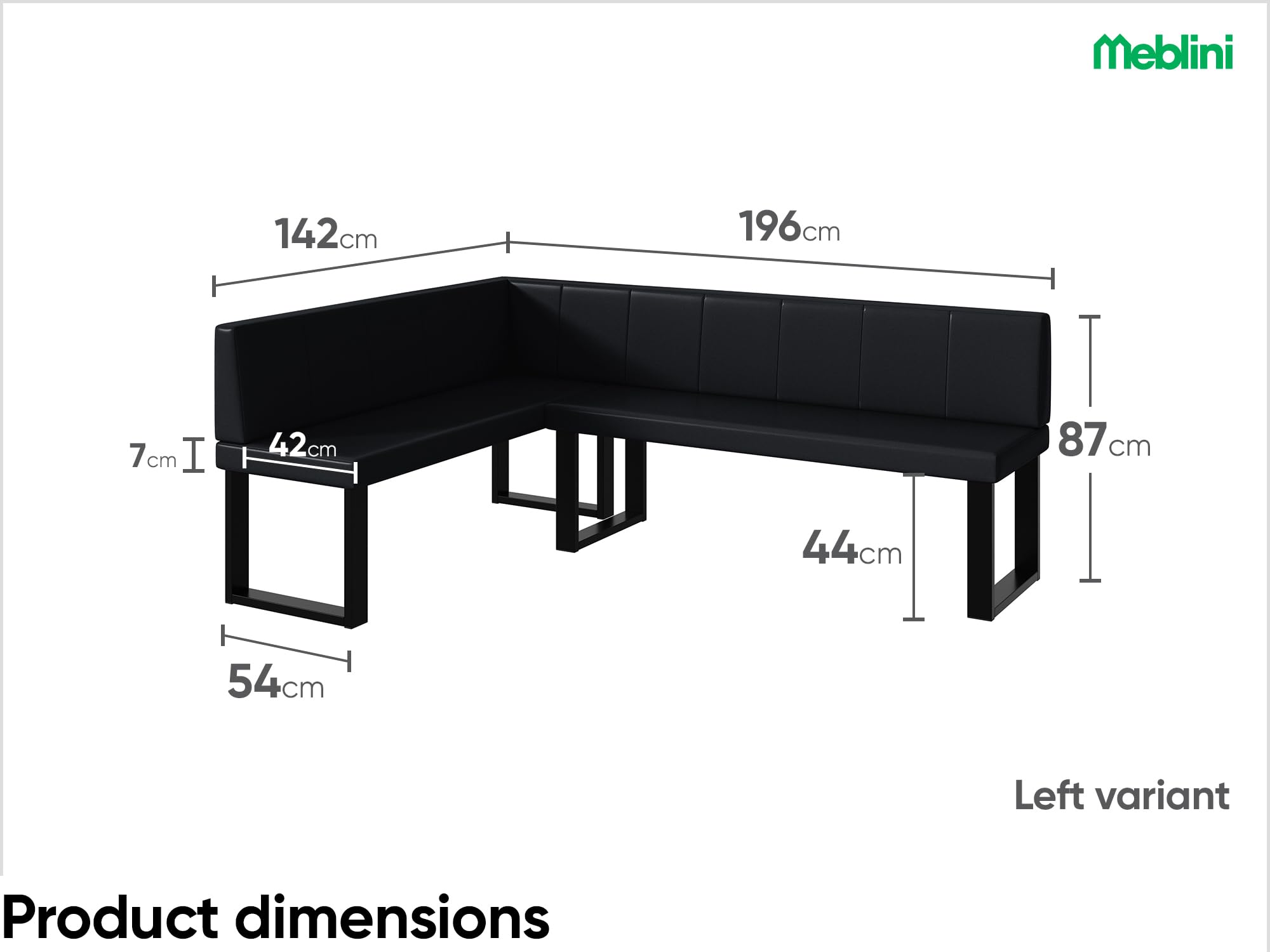 MEBLINI Eckbank für Esszimmer mit ausziehbarem Tisch - Küchenbank - Essecke - Sitzecke Küche - Peter - U-Beine 142x196x87cm Links - Schwarz Kunstleder/B Weiß Matt
