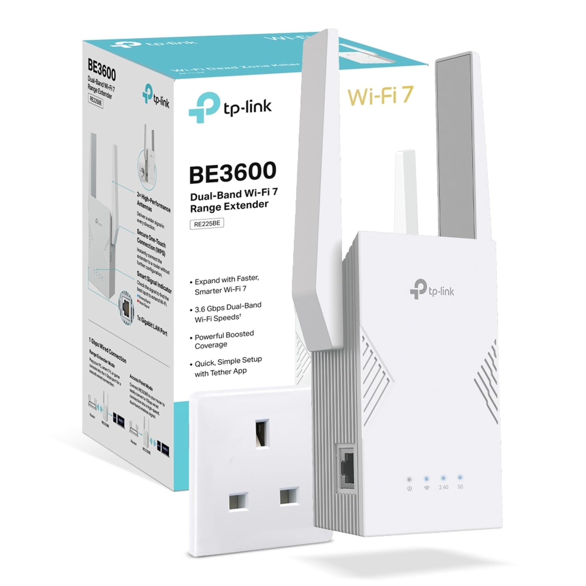 TP-Link RE225BE BE3600 WiFi Extender Booster,WiFi 7 Dual Band WiFi Booster with Ethernet Port,WiFi Extender with MLO/4K-QAM/Roaming,EasyMesh Internet Booster,APP control,Plug and Play