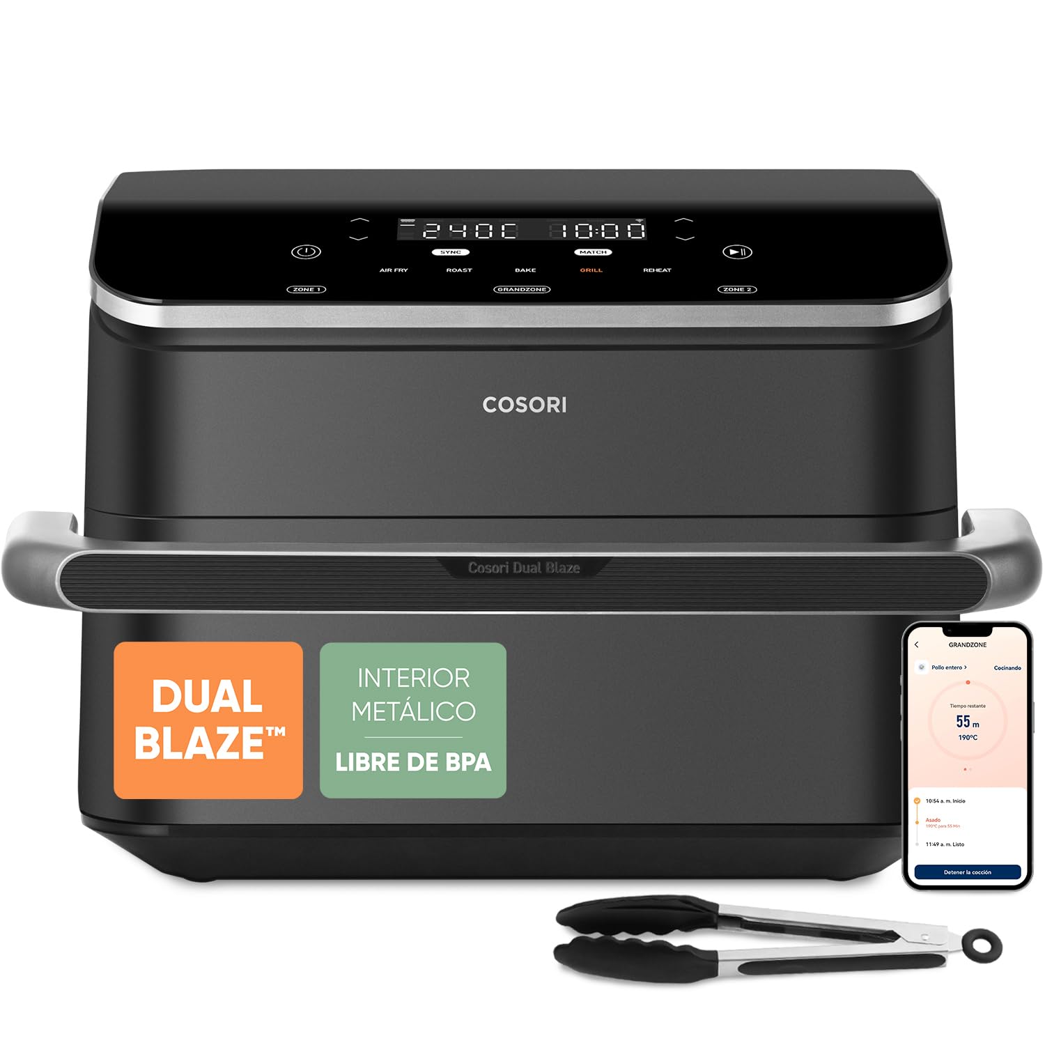 Cosori Air Fryer Dual Blaze Twinfry 10 Litros, Freidora de Aire Doble Resistencia, Multicocina 5 en 1, 2800W, Airfryer Grande de Doble Cesta con Divisor, 70 Recetas en la App, Conecta a WiFi, Gris
