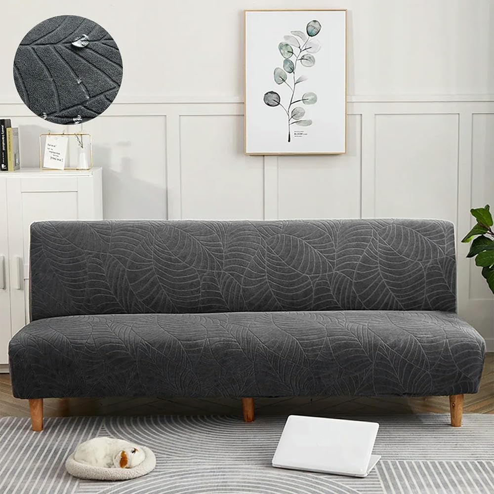 Pokrowce na sofy, Wodoodporny pokrowiec na sofę bez podłokietników z teksturą liścia, antypoślizgowy ze spandeksu w rozmiarach S/M/L(Dark Grey,Large)