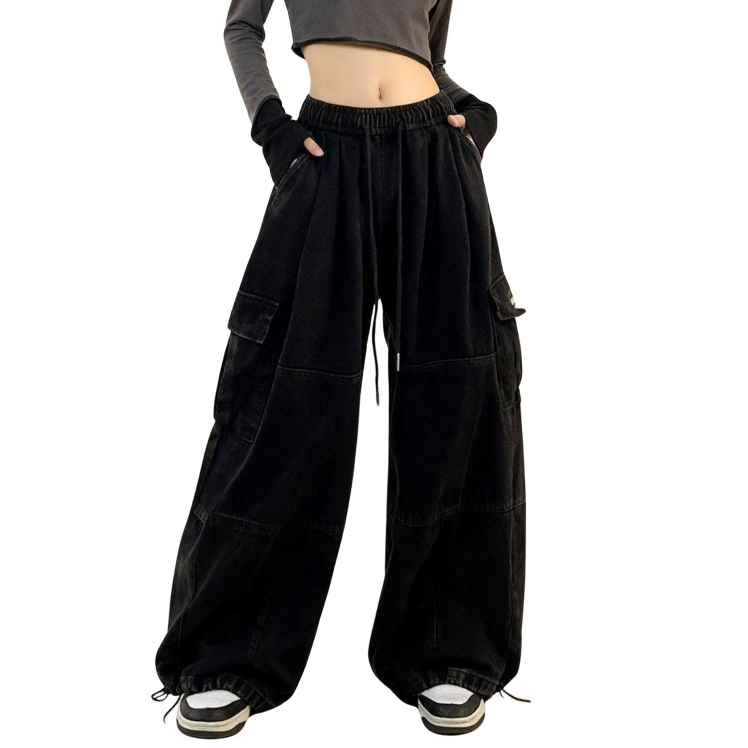 PEAINJ Baggy Cargo Pants for Women Men Y2k Wide Leg Sweatpants High Waisted Drawstring Pants Hip Hop Clothes