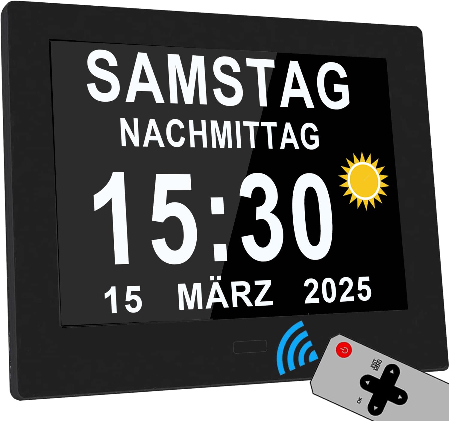Véfaîî Upgraded 19 Alarme Elektronische Tag Datum Kalenderuhr, Nicht-Abgekürzte Tag Datum Große Uhr für Senioren mit Demenz Alzheimer – mit Fernbedienungr – 8 Zoll mit Fernbedienung