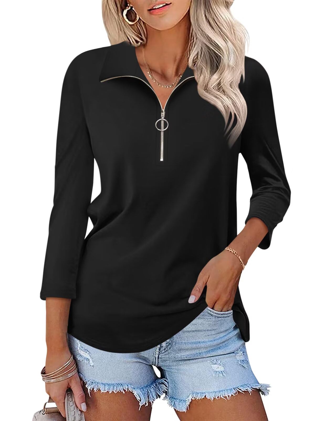 Minetom Women's V Neck 3/4 Sleeve Tops Quarter Zip Collared Shirts Polo Shirts Summer Tees